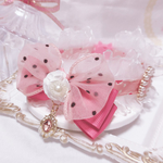 限定品🧚‍♀️新作首輪♡高品質ジルコニアオーバルチャーム♡ライトピンク♡パールフラワーカボション&ドットチュール♡ローズリボン柄♡オーガンジーフリル♡
