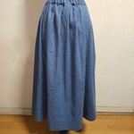 リネン　スカート　タック　ブルー　ストレッチ　Lサイズ