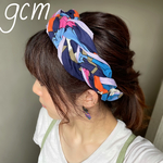 三つ編みヘアバンド  幅9cm 花柄　ネイビー　×  無地　ラベンダー　リバーシブル　コットン　100%  大人用