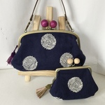 プレミアムリネン　刺繍　木玉親子がま口長財布バッグ　大きめ
