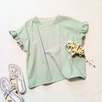 フリル袖ブラウス　ミントグリーン　コットンタイプライター