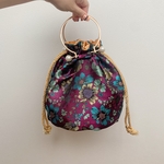 パープル　ゴールド　花　和　刺繍　巾着バッグ　巾着バッグ　ハンドバッグ　ショルダーバッグ　丸底　振袖　着物　