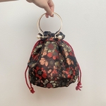 ブラック　花　和　刺繍　巾着バッグ　巾着バッグ　ハンドバッグ　ショルダーバッグ　丸底　振袖　着物　