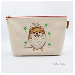 イラスト刺繍ポーチ【ポメラニアン　クローバー】帆布