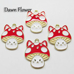 【D-0426】5pcs　キノコ帽子のねこ　25×21mm　ホワイト＆レッド　チャーム