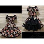 1点物*和柄 3段フリル シャーリング ワンピース★桜×牡丹×金彩×ブラック×黒レース(即納品)