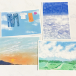 夏空　4枚ポストカード　イラスト　はがき　夏　季節　デザイン　アート　雲　お便り　