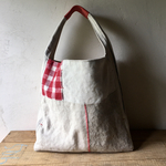 布袋バッグ・赤リネン 　リネン 帆布　コーデュロイ ウール　パッチワーク
