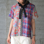 【再入荷】パッチワーク半袖ボウタイブラウス（21s-16）ブルー