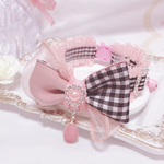 限定品🧚‍♀️新作リボン首輪♡ギンガムチェック♡クリームピンク♡ツートン&ワイヤー入りオーガンジーフリルリボン♡new ピンクパールカボションレースフリル♡