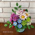 🍀水色ブリキジョウロの優しいこんもり可愛いお花達♡フェルト花台付♪💜