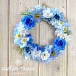 ブルーのさわやかガーデンリース♡　　　　　アーティフィシャルフラワー　ナチュラル　紫陽花　リース　＊　夏　結婚祝い　引越し祝い　お祝い　記念日　ギフト　誕生日　プレゼント　＊　玄関　リビング