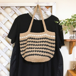 送料込み♡クタ〜ッとフンワリ(*´꒳`*)麻紐ナチュラルボーダー肩掛けカゴバッグ♡Black & off-white