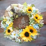 サマーリース(26.5cm)＊ジュートとレースのひまわりブーケ＊フラワーリース・ひまわりリース・夏リース・ガーデンリース・グリーンリース