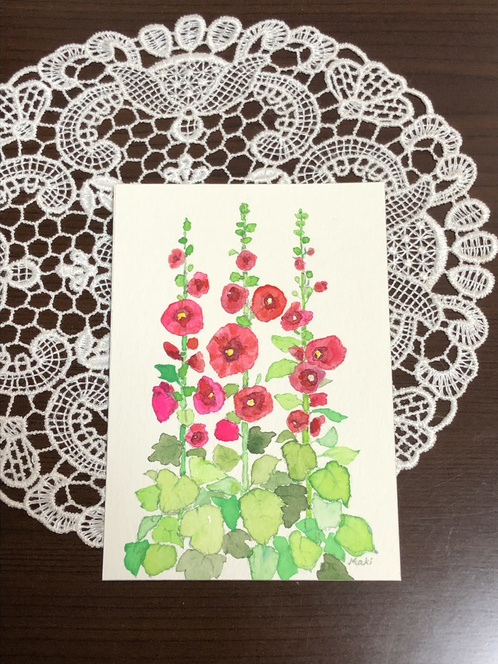 1004☆水彩画 原画 夏がやって来た 花 タチアオイ 原画イラスト