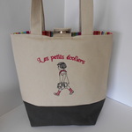 フランスの通学の女の子刺繍の帆布のミニトートバッグ　チャコールグレー