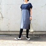 リネン　バイカラー切り替えネイビー×グレーゆったり肩落ちワンピース