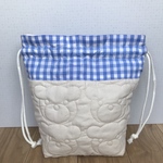 ※現品限り※保温保冷マグポーチ✳︎巾着型（くま♡キルティング×ブルーチェック）/保冷バッグ/哺乳瓶ポーチ/出産祝い/男の子/女の子