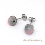 806【ピンク＆グリーンジェード花翡翠】天然石一粒ピアス＊8mm＊サージカルステンレス