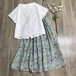 再販＊北欧風 くすみブルー お花 の ギャザースカート