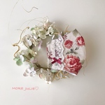 夏用💓ワイド幅　コットンリネン  フレンチローズ柄と国産クールコットンで作った立体マスク　キナリフラワー刺繍チュールレース&お花コットンレース　ダークレッドリボン     ポケット無しタイプ