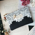 ブラックリネンの大人可愛いレースのミニポーチ ナチュラルアンティーク ファスナーポーチ