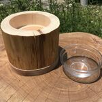 ヒノキ丸太を使って作った  ペットテーブル  ペットフードボウル③  高さ調整可  ガラスボウル付き ＊ペット食卓＊