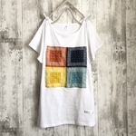 夏バンダナパッチ柄リネンcotton100%白ドルマンTシャツ