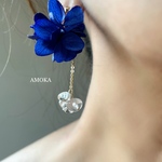 2way ネイビー紫陽花×クリスタルのお花ピアス / イヤリング      