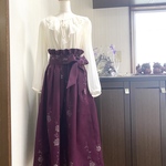 赤紫の薔薇の花模様　フレアスカート　着物リメイク　絹お召し　リボン　着物裏ペチコート付 113