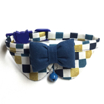 ★猫ちゃんの首輪 市松模様 金ラメ入 襟つき(ブルー)