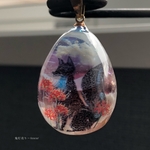 【再販】彼岸花と夕闇に染まるお狐様　オルゴナイトと雲レジンの蓄光三日月入りたまご型ネックレス★
