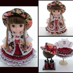 メルちゃんサイズ　黒地　お花柄　フリフリコーデ5点セット　帽子　編み上げブーツ　ブラウス　スカート　ジャンスカ　ソランちゃん　レミンちゃん　コルネちゃんサイズ　ゴスロリ ロリータ 　服