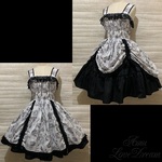 1点物*セピア ブラック 薔薇 シャーリングたくし上げジャンパースカート サンドレス★クラシカル/ローズ/花/オフ白×黒×レース(即納品)