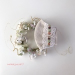 夏用💓コットンリネン  ベージュと接触冷感国産ダブルガーゼで作った立体マスク　キナリお花刺繍チュールレース&ローズ柄刺繍リボン　プチオフホワイトリボン　ポケットタイプ