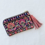 刺繍リボンのポーチ　ネイビー×ピンク