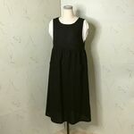 ブラック綿スラブワッシャー　後ろボタンのギャザーロング丈エプロンドレス　着丈115