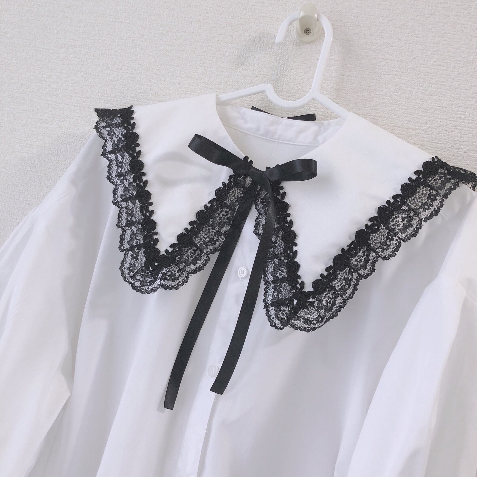 白×黒薔薇レースアップ リボン角襟セーラー付け襟 つけ襟 ロリィタ