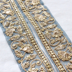 ゴールド刺繍オーガンジーテープ【アンティークブルー】インド刺繍リボン/刺繍リボン/シルク/トリム/ブレード/ジャガードリボン/チロリアンテープ/レース/チュールレース