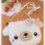 モコモコ癒しのくまのポシェット* ホワイト　ピンクドットリボン