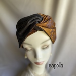 《再販》🌟capella🌟 茶系ムラ染めコットンに葉っぱの刺繍　× 国産チャコールグレーリネンのクロス風ターバン　一体型・リバーシブル