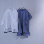 『fu0317さま受注制作品』ギンガムチェックの丸襟シャツチュニックnavyblueリネン＆丸襟半袖シャツしろwhiteリネン：：