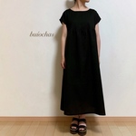 Wガーゼ 半袖胸元切り替えワンピース (black)