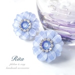 水色ギンガムチェック flowerイヤリング～Silver～