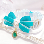 再販ラスト♡限定✨首輪✨フラワーパッチワーク柄♡エメラルドフリルリボン♡