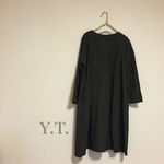 Dark green houndstooth check リネン  ドロップショルダー タックワンピース