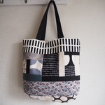 シンプル　ランダムパッチ　モノトーン縦長トートBAG　肩掛け　♪帆布　黒　