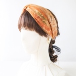  【特別出品の自信作♪】ブラウンアプリコットの透け感シフォン×花柄シルクのアンティーク風スカーフヘアバンド ／No.1409
