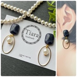 【貼るピアス/ピアス/イヤリング】スクエアネイビーとオーバルゴールド＆パール