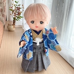 メルちゃんサイズの羽織袴セット＊亀甲柄水色羽織×黄土色水玉着物×灰色袴